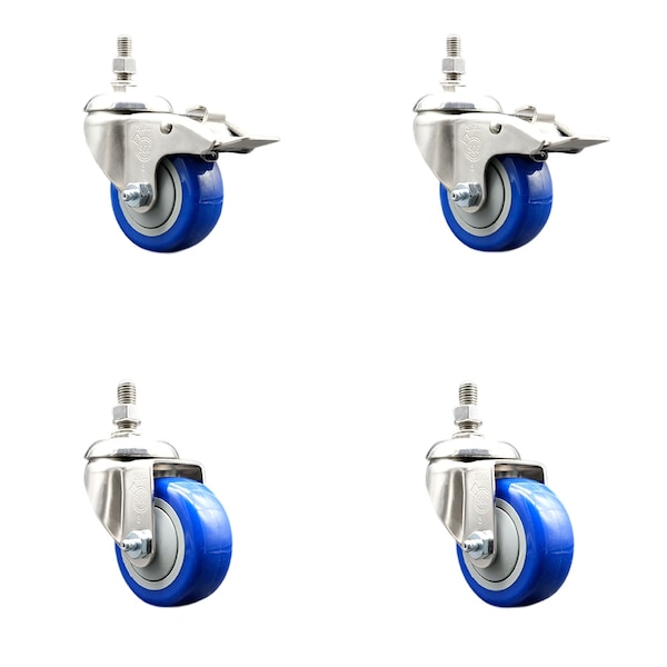 Service Caster 3 Inch 316SS Blue Polyurethane 1/2 Inch Threaded Stem Caster Lock Brake SCC, 2PK SS316TSTTL20S314-PPUBBLUE-121315-2S2 - main